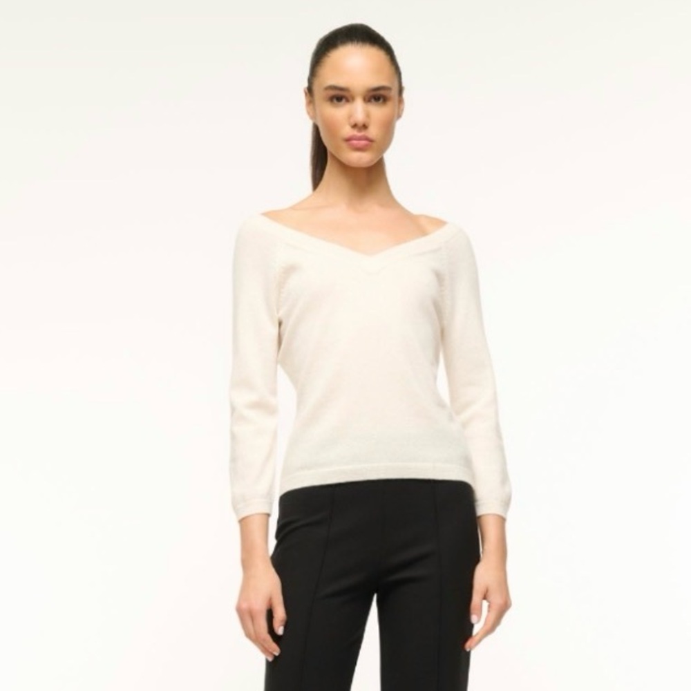 STAUD Cream V-Neck Cross-Back Knit Sweater 100% Cashmere